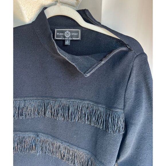 St. John Sport by Marie Gray Black Mock Neck Long Sleeve Fringe Sweater Sz Small - Picture 6 of 8